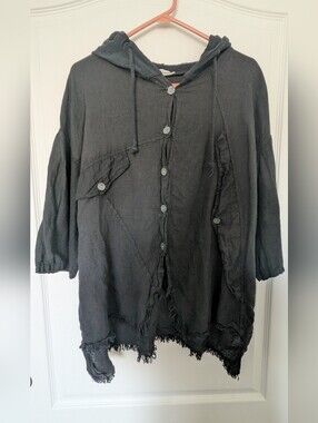 New Collection Hooded Black Grunge Button Shirt OS